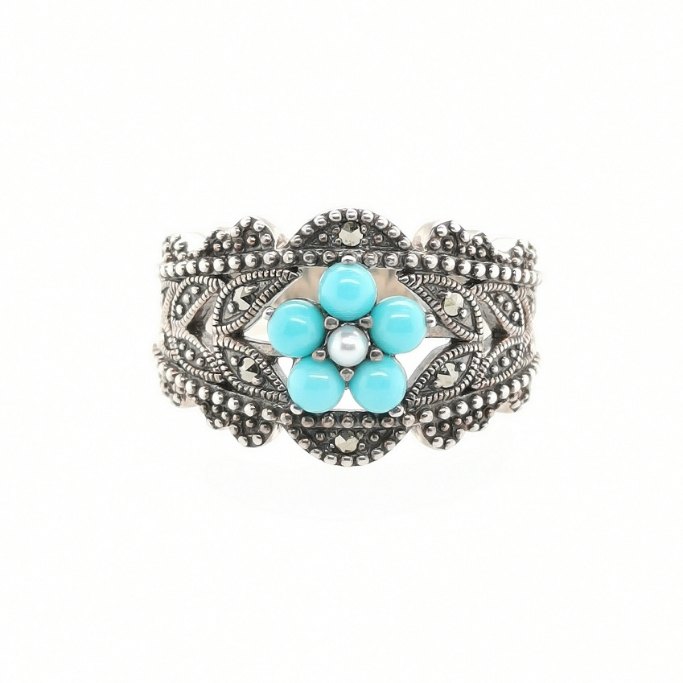 SVシードパール&トルコ石フラワーリング